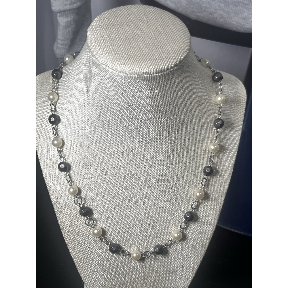 Dark Grey Bead & Pearl Silver Tone Necklace Fashion Costume Jewelry Gift‎